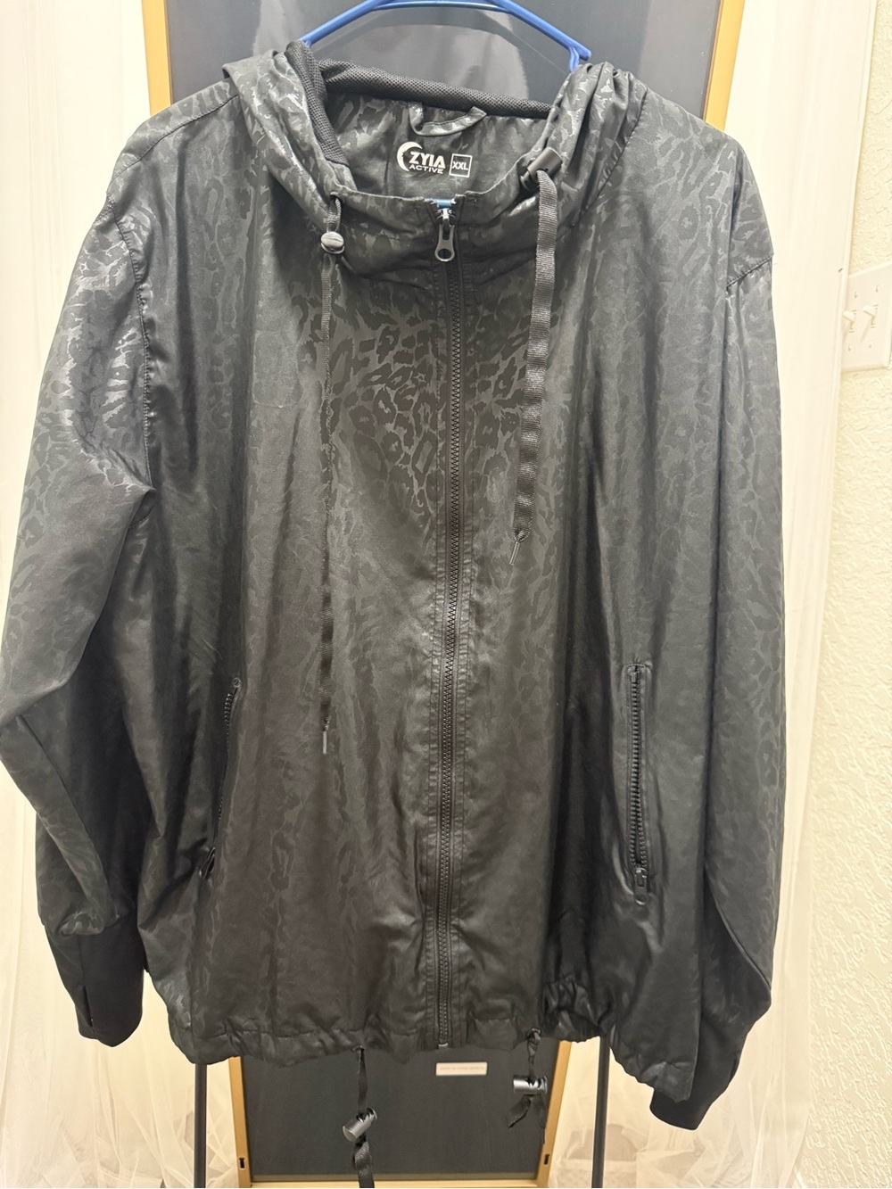 Zyia Black Cheetah Print Zip Windbreaker Jacket